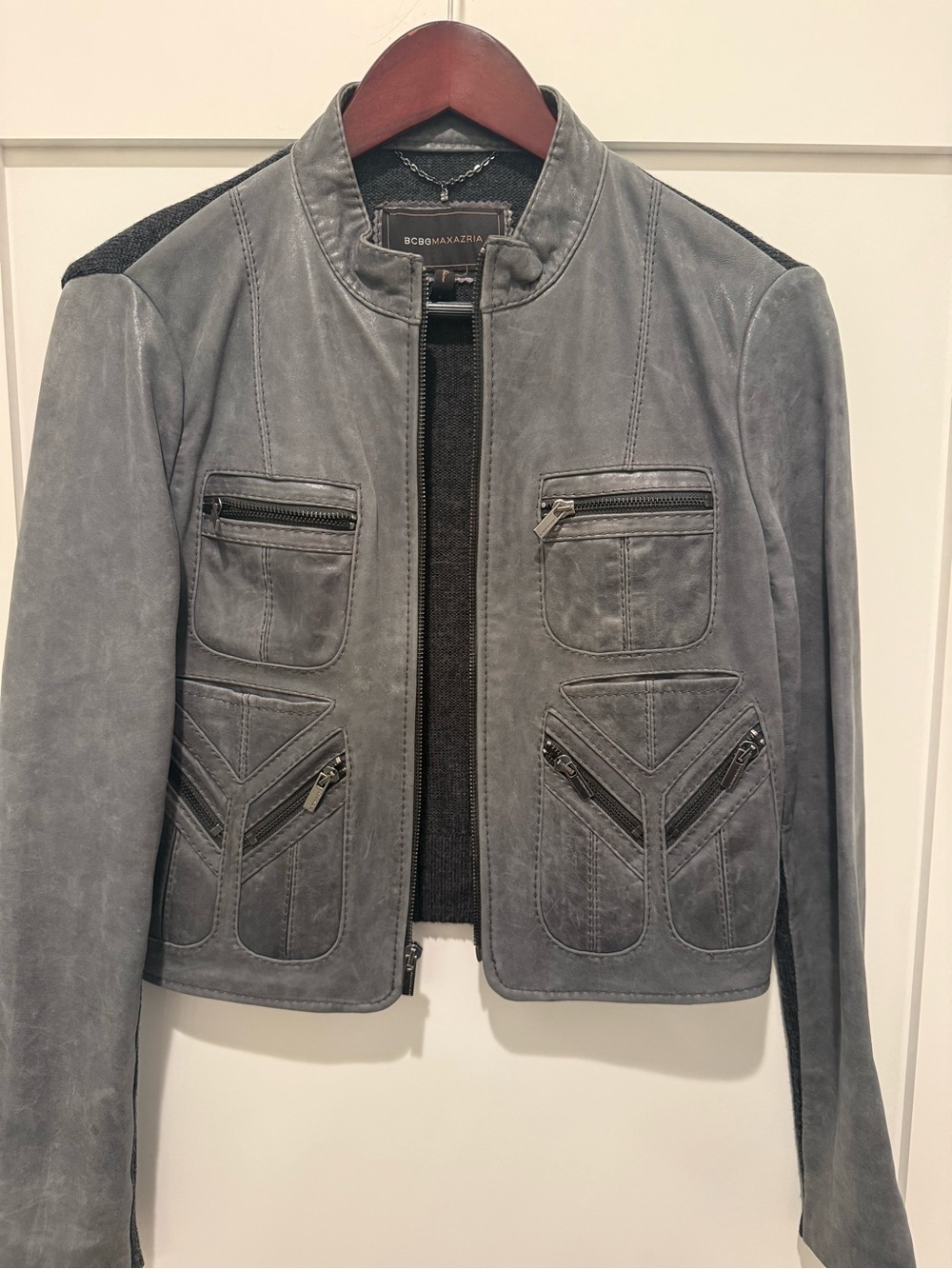 BCBGMAXAZRIA Gray blue leather zip -Front Moto Jacket